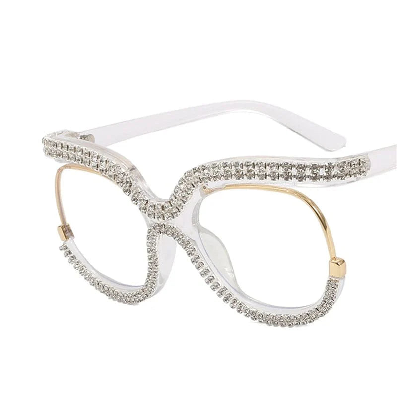 Showlu Women's oversized round crystal frame anti-blue light glasses with rainbow-tinted lenses, vintage retro style, fashionable eye accessories.
