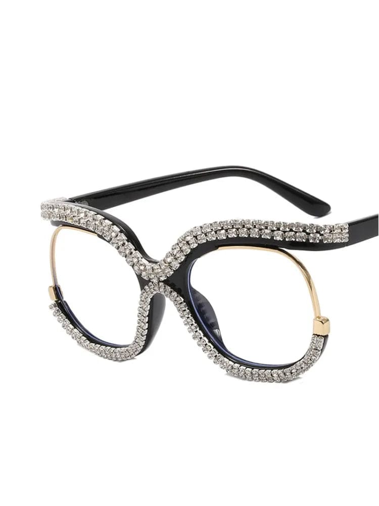 Showlu Women's oversized round crystal frame anti-blue light glasses with retro rainbow design and vintage style.