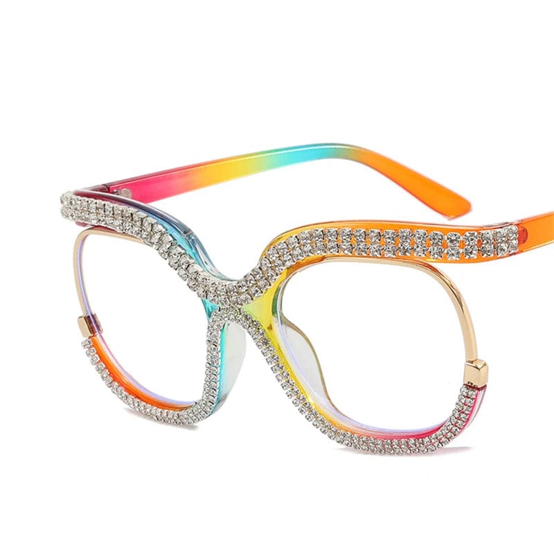 Showlu Women's oversized round crystal frame anti-blue light glasses with rainbow accents, vintage retro eye protection eyewear