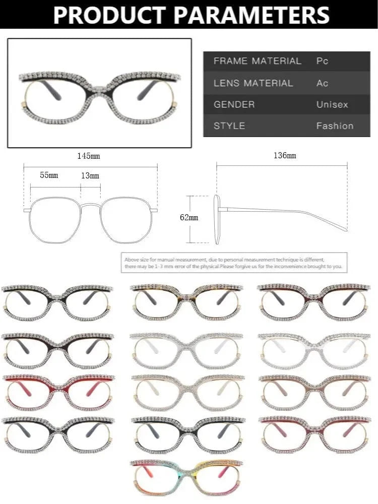 Showlu Women's oversized round crystal frame glasses with anti-blue light lenses, vintage retro style for eye protection.