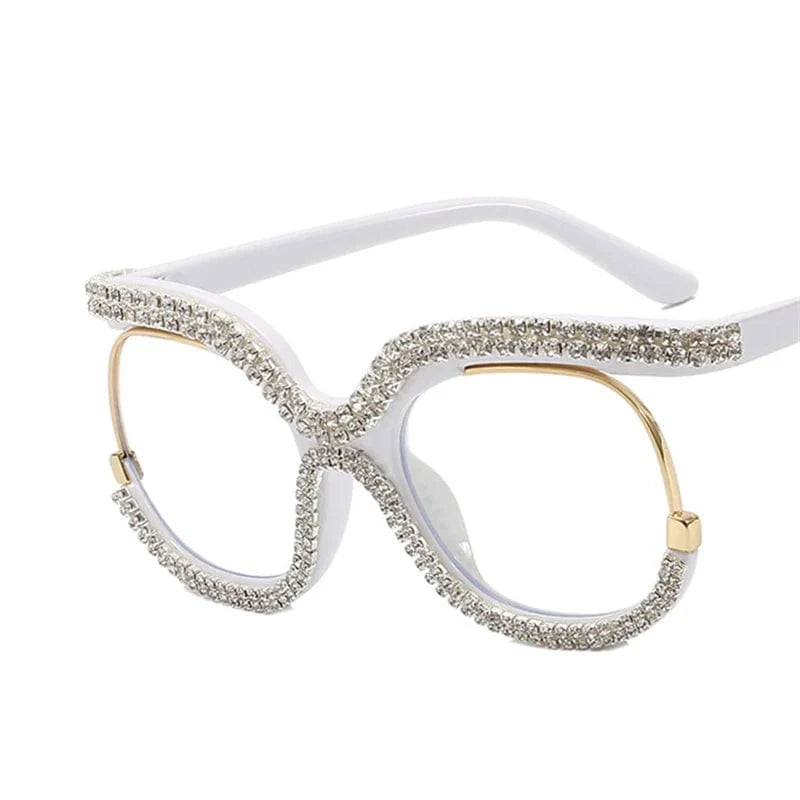 Showlu women's oversized round crystal frame glasses with anti-blue light lenses, vintage retro style for eye protection.