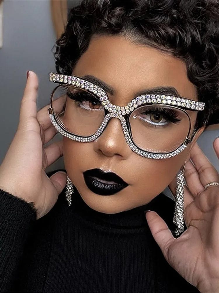 Showlu women's oversized round crystal frame glasses with anti-blue light lenses and a retro fashion design.
