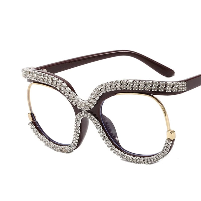 Showlu Women's oversized round crystal frame anti-blue light glasses with retro rainbow design and vintage style.