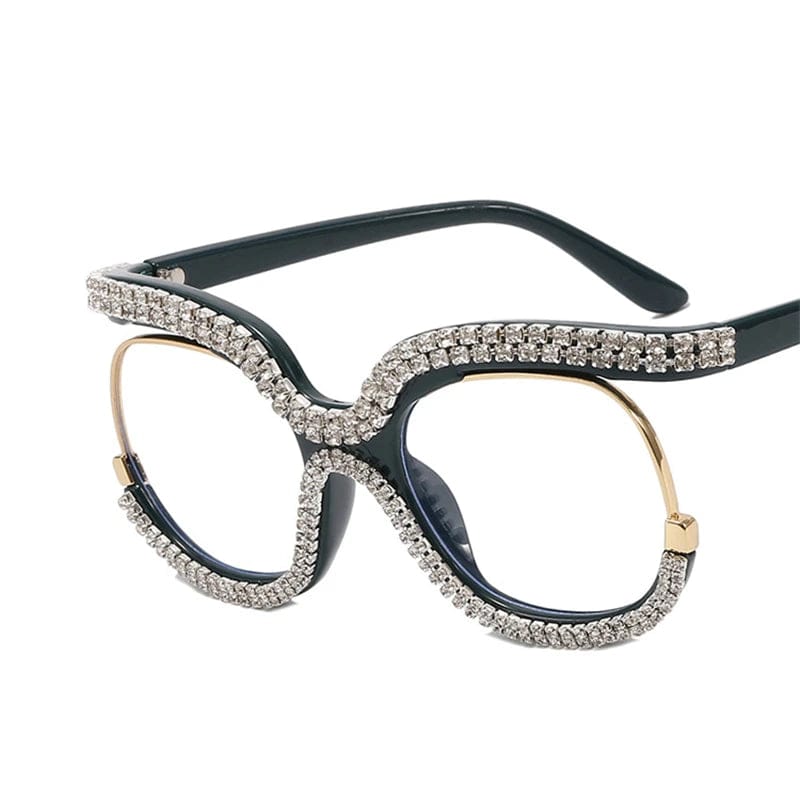 Showlu women's oversized round crystal frame glasses with anti-blue light lenses, vintage retro style for eye protection.