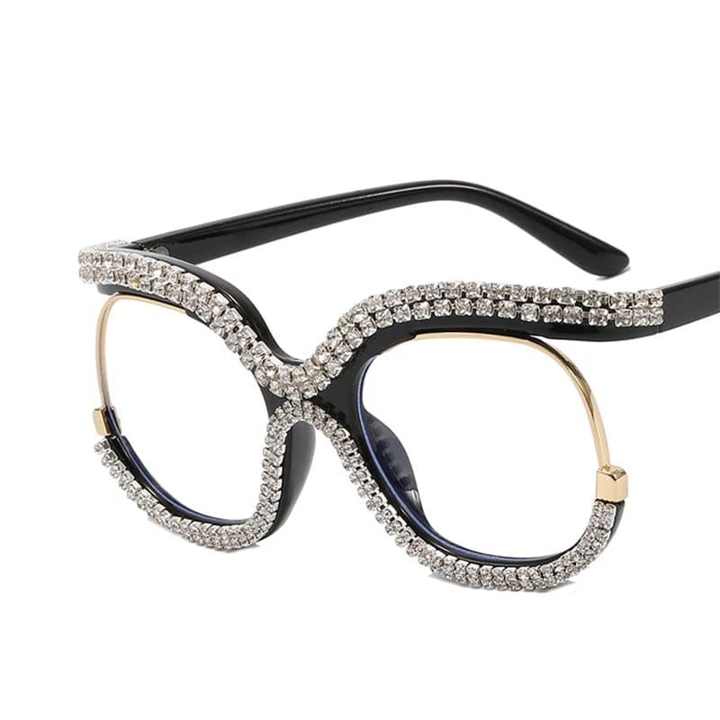 Showlu Women's oversized round glasses with rainbow crystal frame and anti-blue light lenses, fashionable retro eye protection accessory.