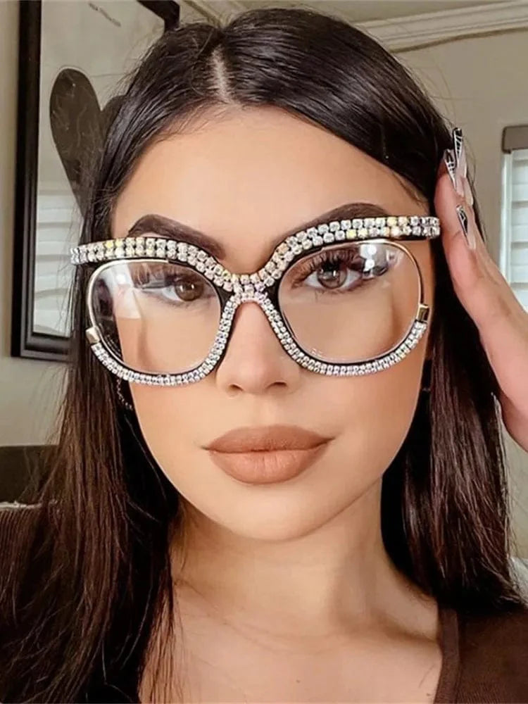 Showlu Women's oversized round crystal frame anti-blue light glasses with rainbow accents, vintage retro style for fashionable eye protection.