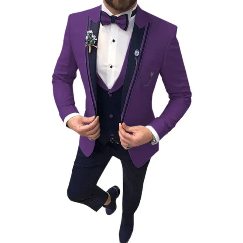 Slim fit three-piece cotton blend business suit by SHOWLU FASHION STORE featuring lapel and classic tailored design for men.