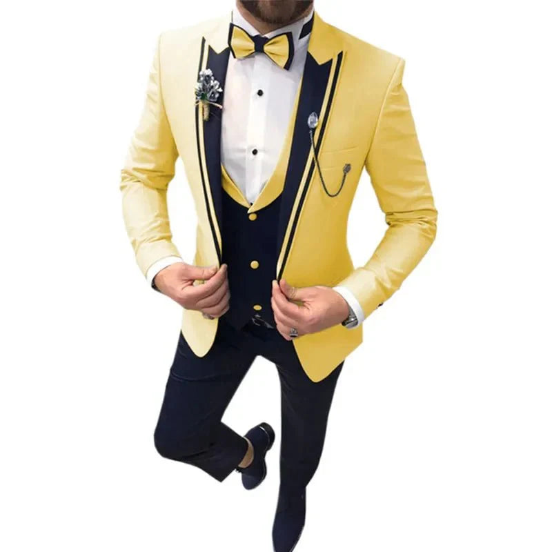 Showlu Fashion Store men's slim fit three-piece business suit with lapel, cotton blend fabric, ideal for formal and smart casual occasions.