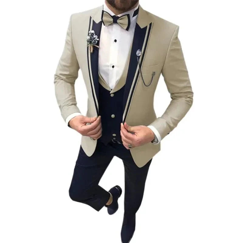 Slim fit three-piece cotton blend business suit with lapel, tailored for men, suitable for smart casual or formal occasions.