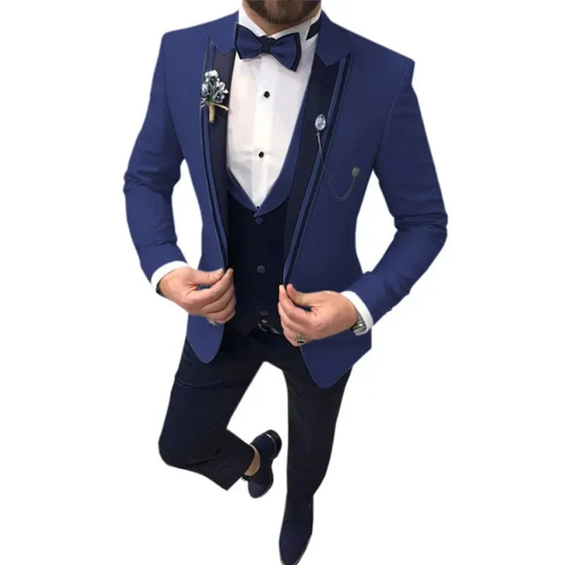 Slim fit three-piece business suit with lapel, cotton blend fabric, tailored for formal and smart casual occasions.