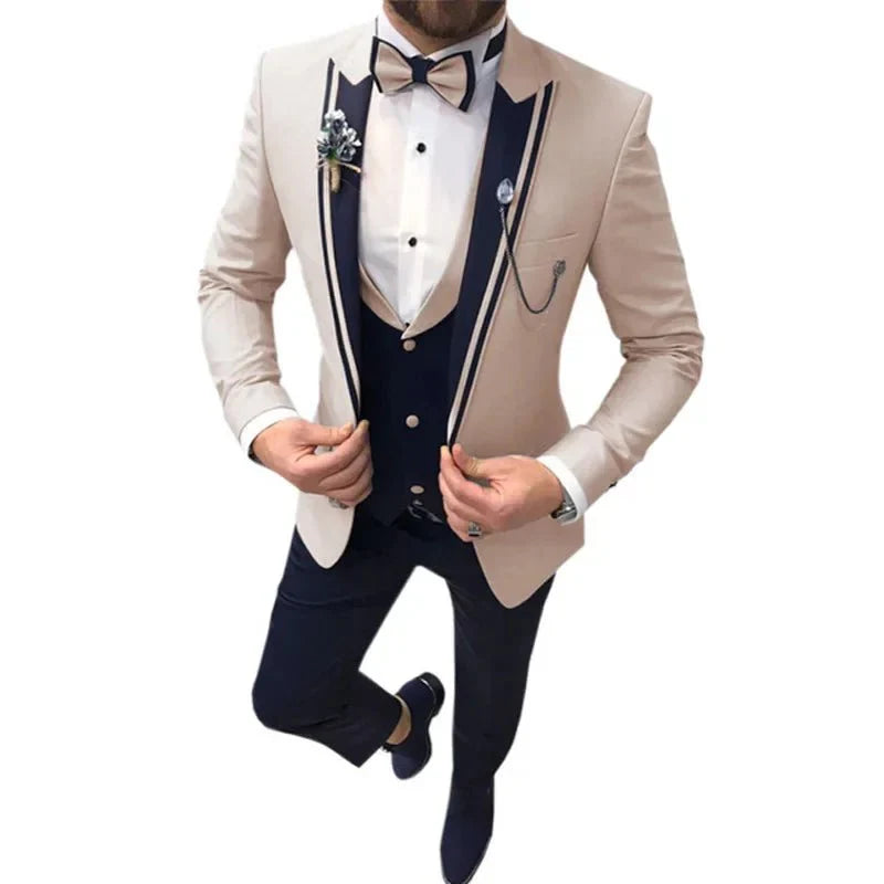 Showlu Fashion Store slim fit three-piece cotton blend business suit with lapel, tailored for smart casual or formal occasions.