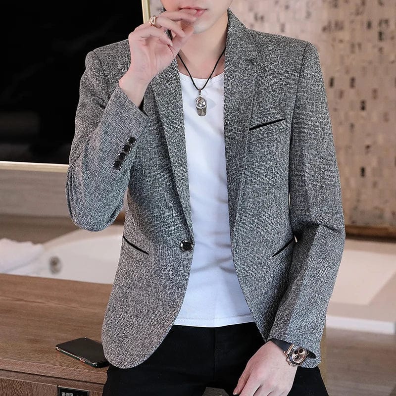 Showlu Fashion men's slim fit business blazer in polyester, featuring a smart casual style, tailored fit, and versatile for all seasons.