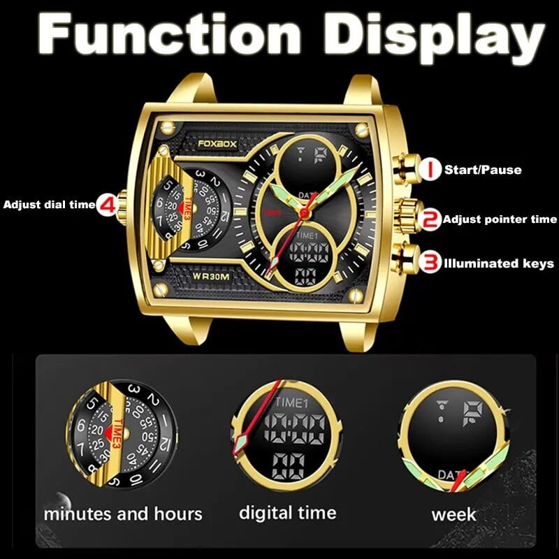 Showlu Fashion Men's Foxbox gold quartz digital watch with waterproof stainless steel band, LED display, sporty and military-style design