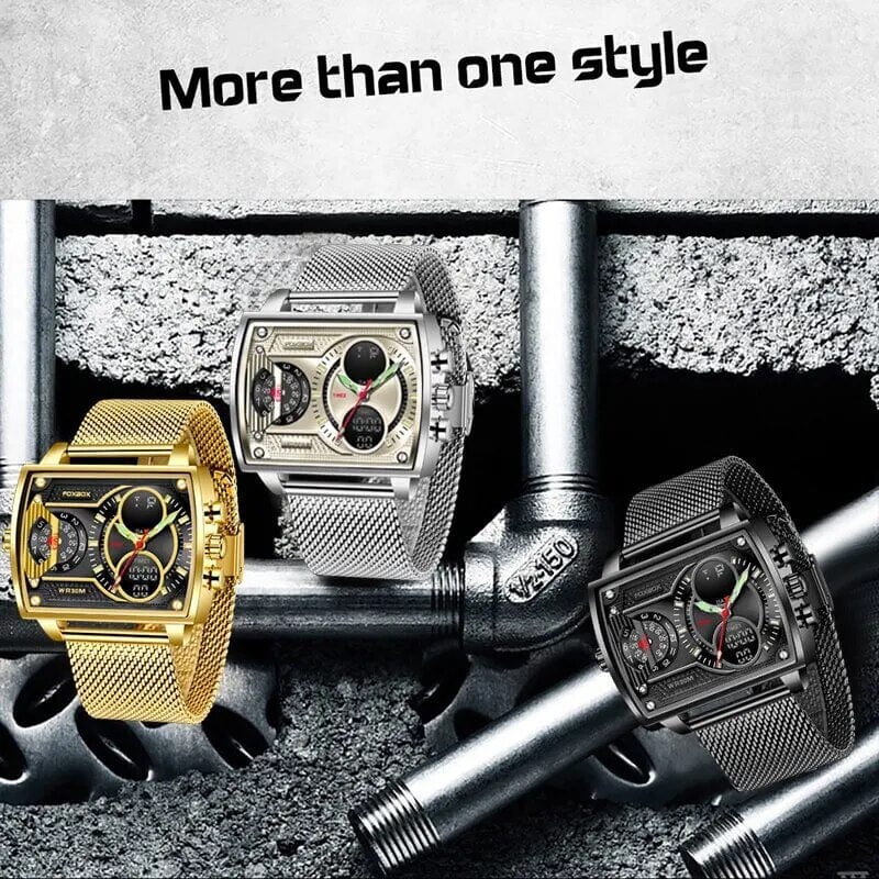 Foxbox men's gold quartz digital watch with waterproof stainless steel band, LED display, sport design, and military style.