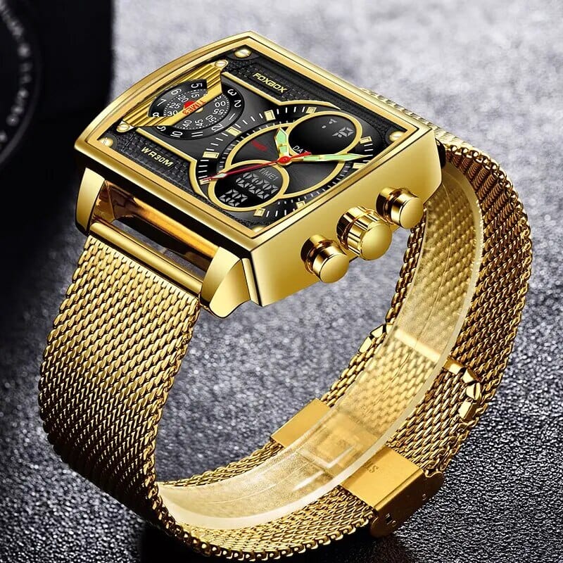 Foxbox men's gold quartz digital watch with waterproof stainless steel band and LED display, sporty and durable for men.