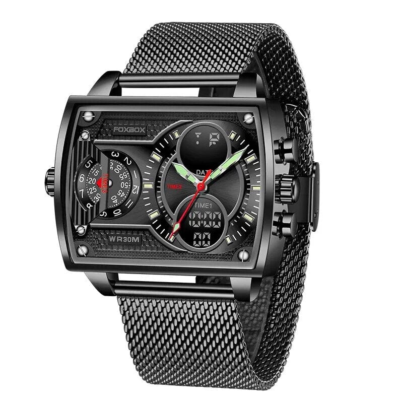 Foxbox men's gold quartz digital watch with waterproof stainless steel case and LED display, sporty and military-style wristwatch.