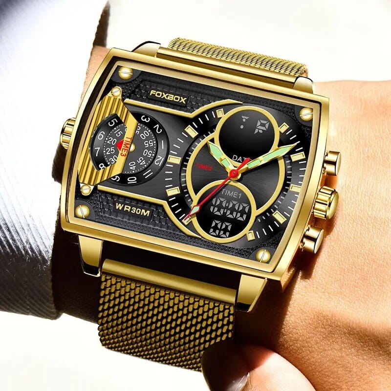 Foxbox men's gold quartz digital watch with waterproof stainless steel band, LED display, and sporty military design.