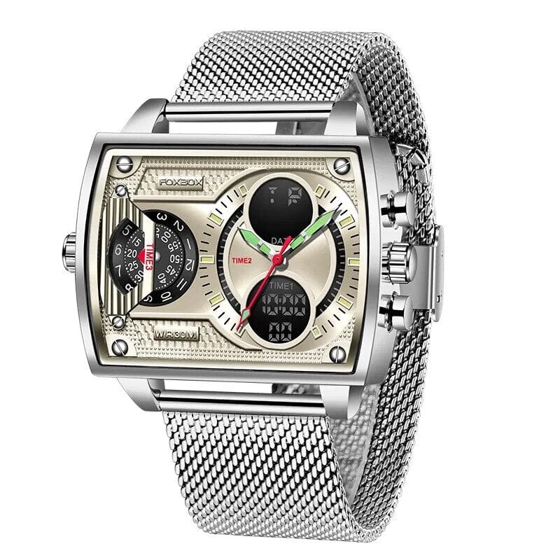 Foxbox men's gold quartz digital watch with waterproof stainless steel strap, LED display, sporty military-style wristwatch.