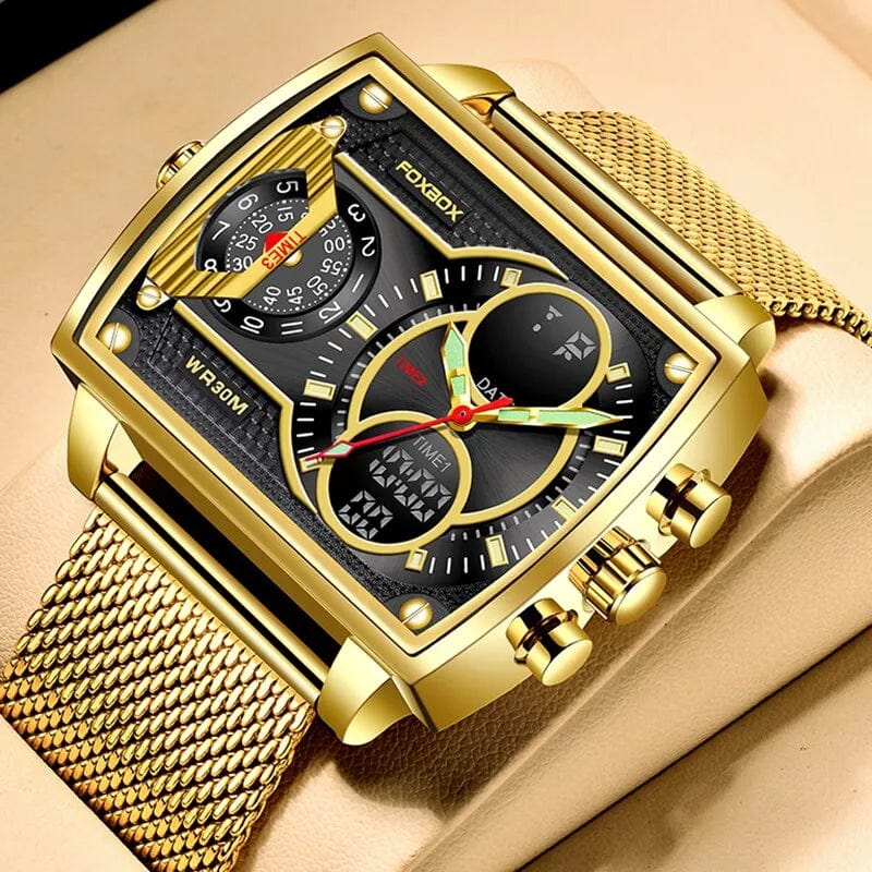 Foxbox men's gold quartz digital watch with LED display, waterproof stainless steel band, sporty and military-style wristwatch.