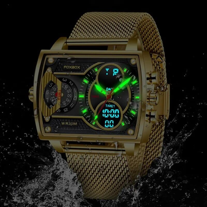 Foxbox men's gold quartz digital watch with LED display, waterproof stainless steel wristwatch for men, sporty and durable design