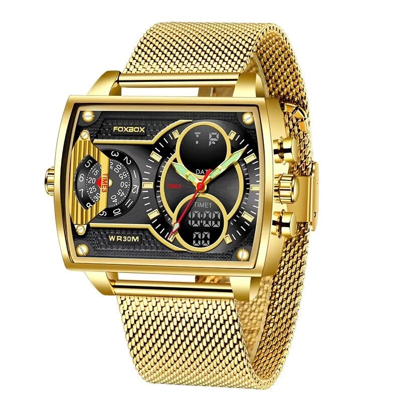 Foxbox men's gold quartz digital watch with LED display, waterproof stainless steel band, sporty and military-style wristwatch.