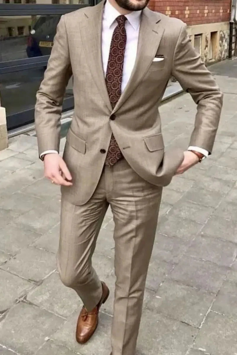 Showlu Fashion Men's skinny fit 2-piece cotton suit with notched lapel, suitable for business, wedding, or prom occasions.