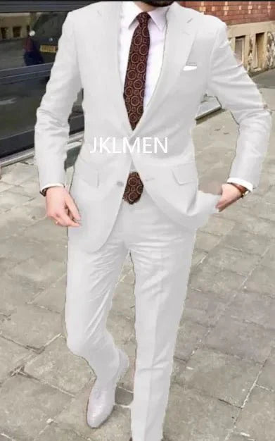 Men's skinny fit 2-piece cotton suit with notched lapel, ideal for business, weddings, or prom, in a stylish casual look.