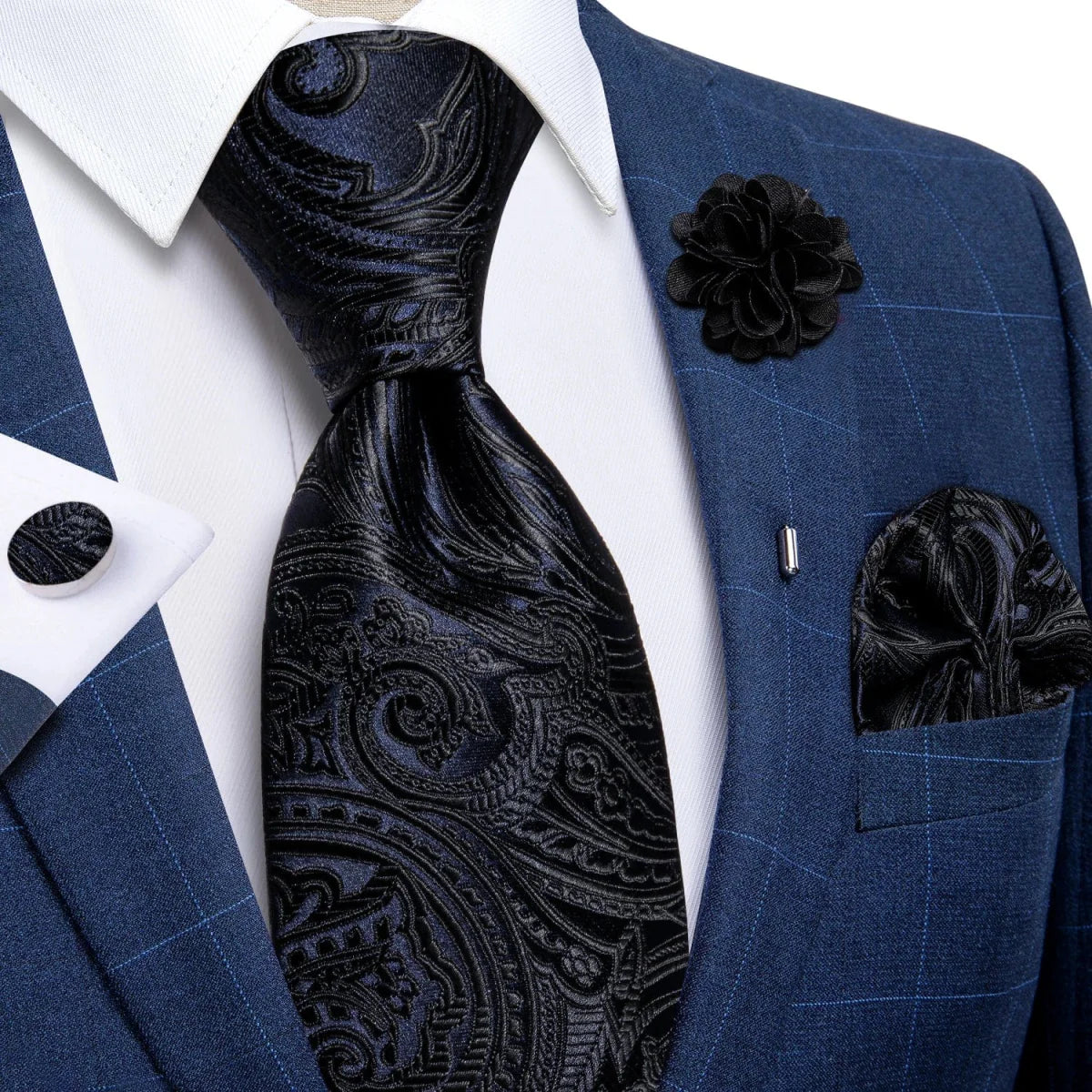 Yellow plaid silk tie set for men featuring cufflinks, pin, and handkerchief, ideal for weddings and formal occasions.
