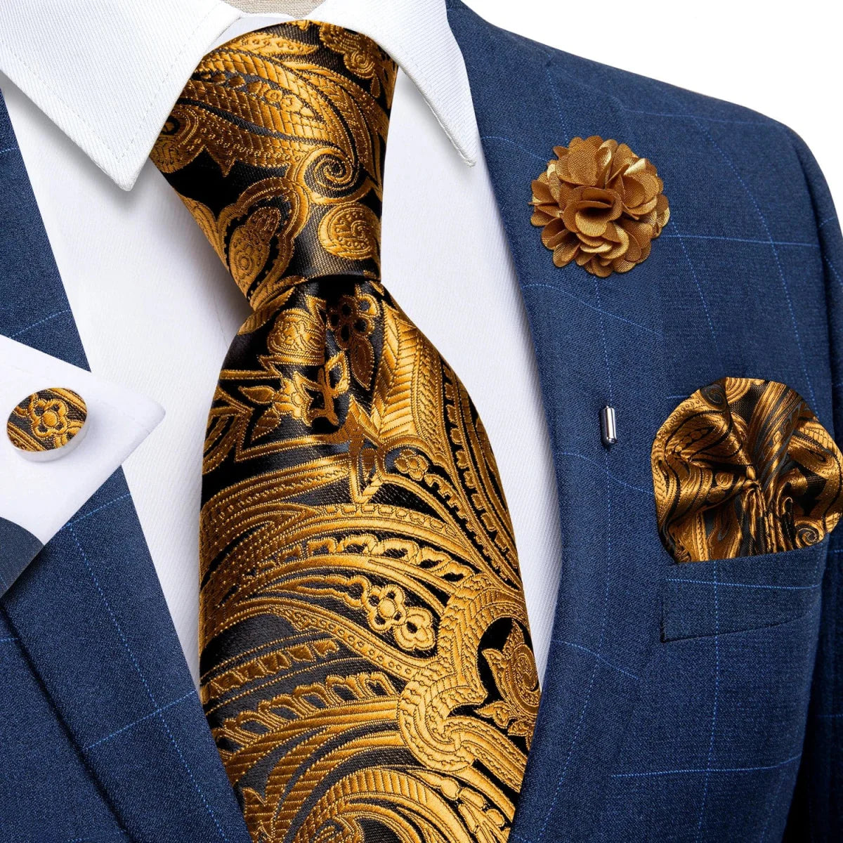 Yellow plaid silk tie set for men with cufflinks, pin, and handkerchief, perfect for weddings and formal occasions.