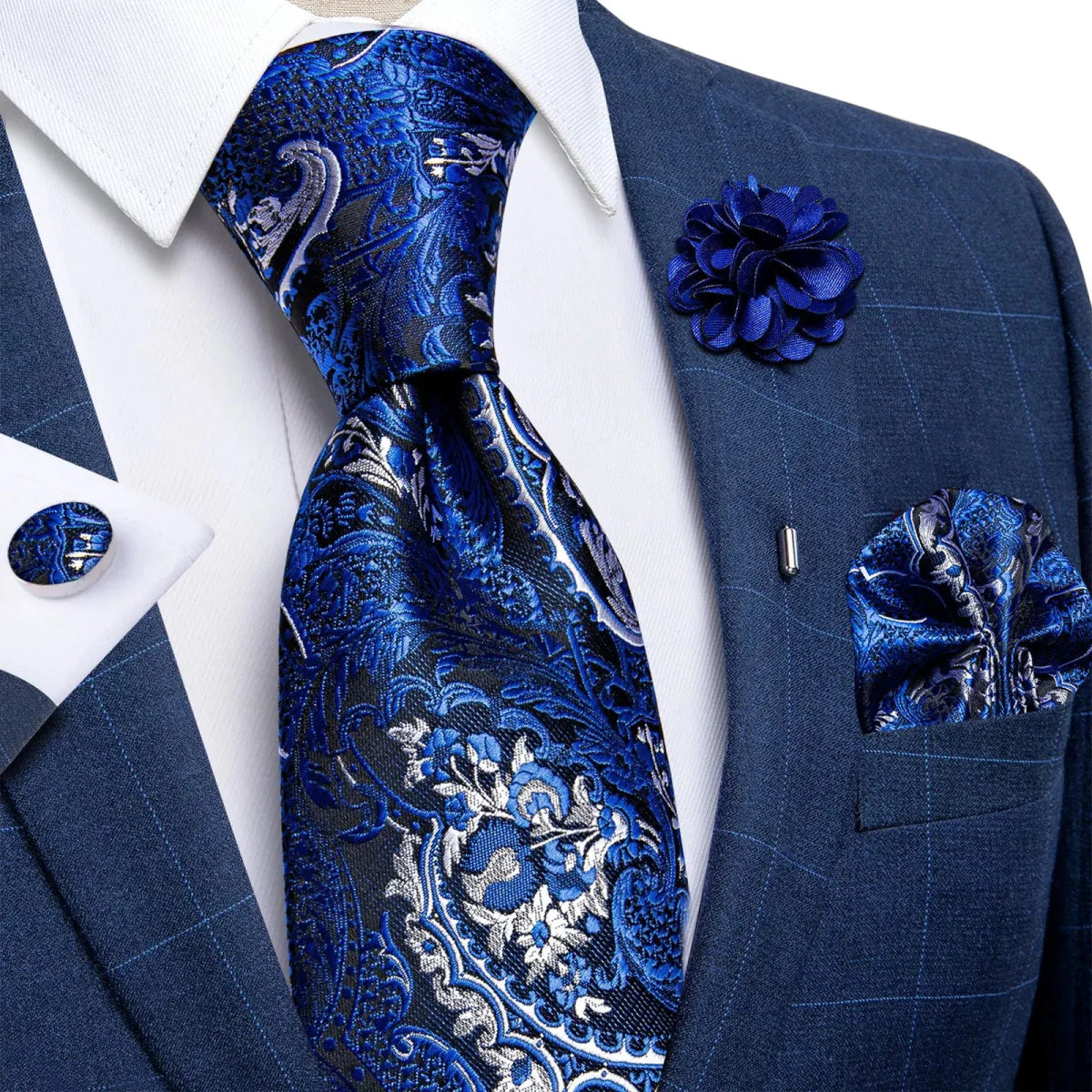 Yellow plaid silk tie set for men with cufflinks, brooch pin, and handkerchief, perfect for formal occasions and weddings.