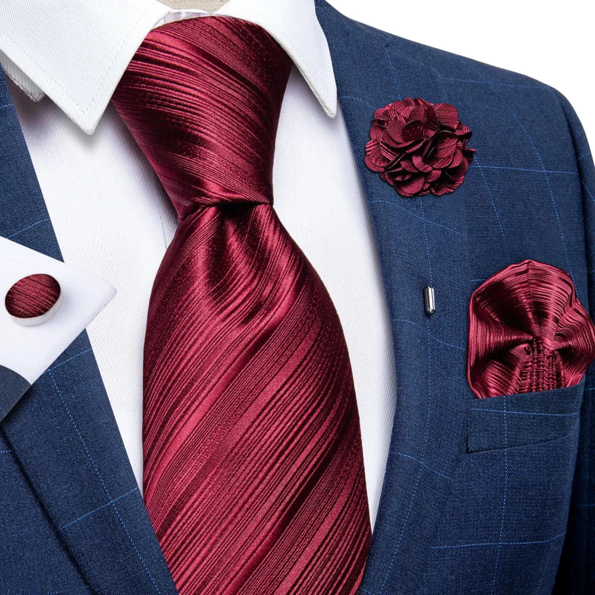 Yellow plaid silk tie set for men with cufflinks, pin, and handkerchief, perfect for weddings and formal occasions.