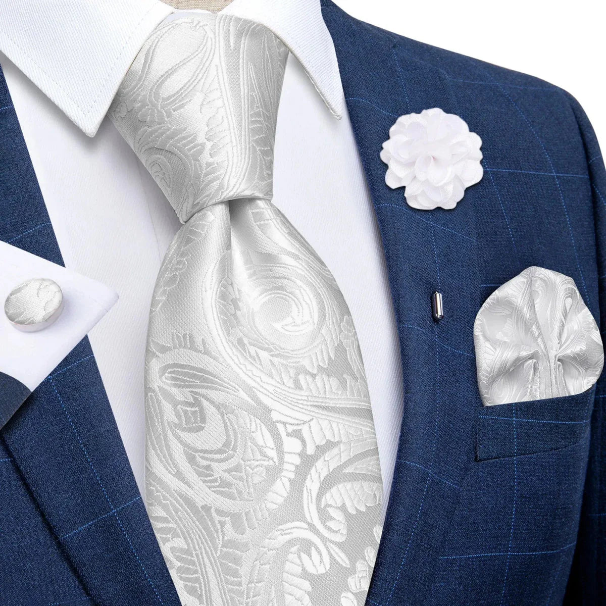 Yellow plaid silk tie set for men with cufflinks, pin, and handkerchief, perfect for weddings and formal occasions.
