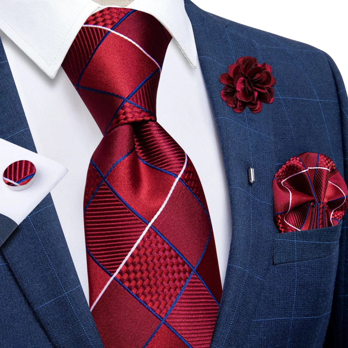 Yellow plaid silk tie set for men with cufflinks, pin, and handkerchief, ideal for weddings and formal occasions.