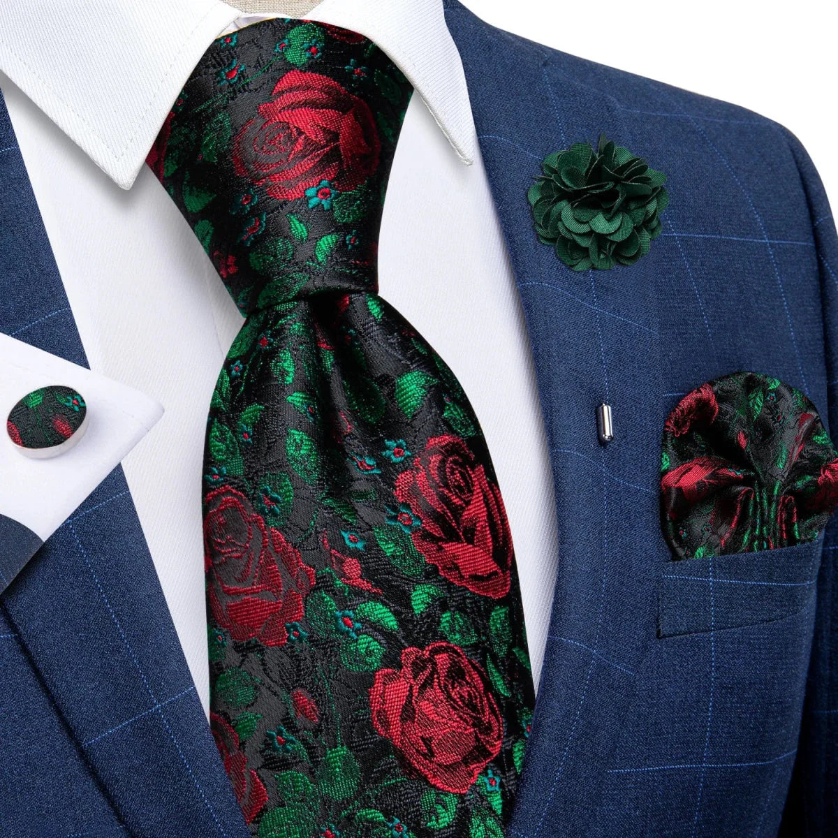 Yellow plaid silk tie set for men including cufflinks, pin, and handkerchief, perfect for weddings and formal occasions.