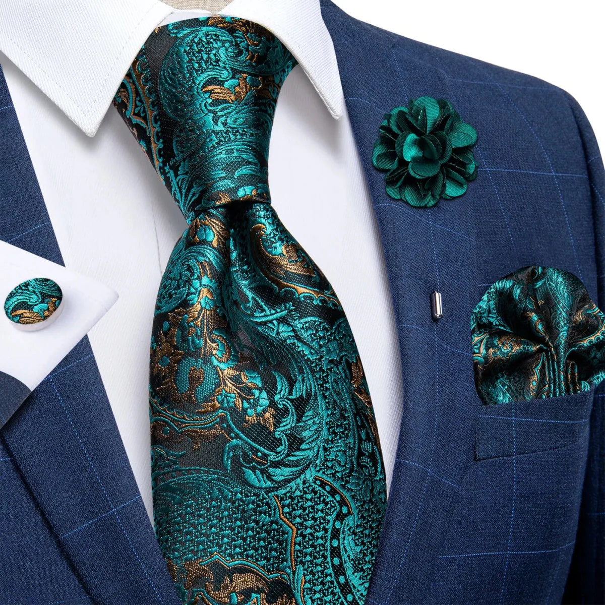 Yellow plaid silk tie set for men with cufflinks and pin, includes handkerchief, ideal for weddings and formal occasions.