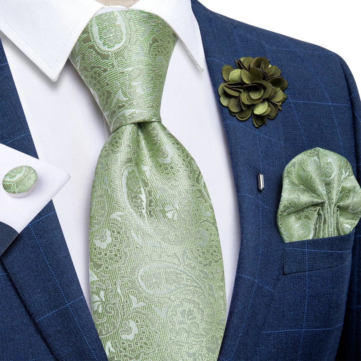 Yellow plaid silk tie set for men including cufflinks, pin, and handkerchief, perfect for formal occasions and weddings.