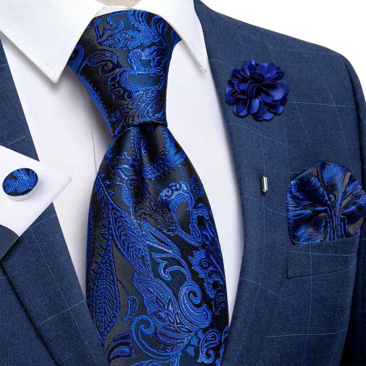 Yellow plaid silk tie set for men with cufflinks, pin, and handkerchief, perfect for wedding accessories and formal occasions.
