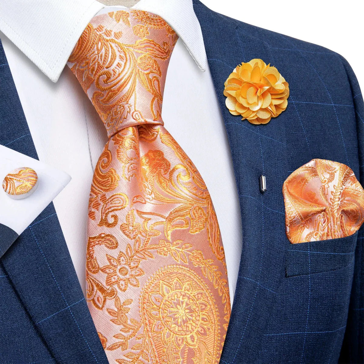 Yellow plaid silk tie set for men with cufflinks, pin, and handkerchief, perfect for weddings and formal occasions.