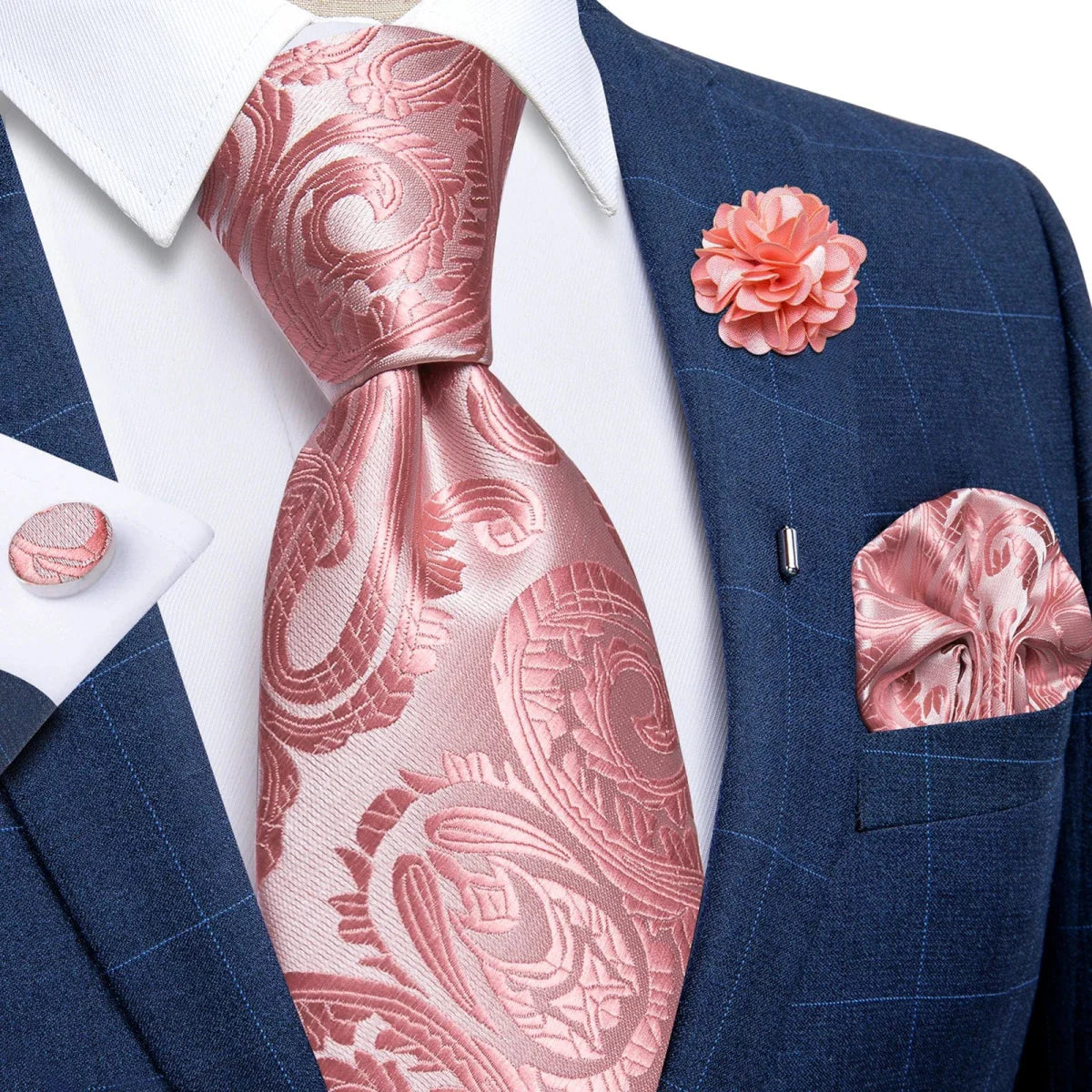 Yellow plaid silk tie set for men includes cufflinks and brooch pin, perfect for weddings and formal occasions.
