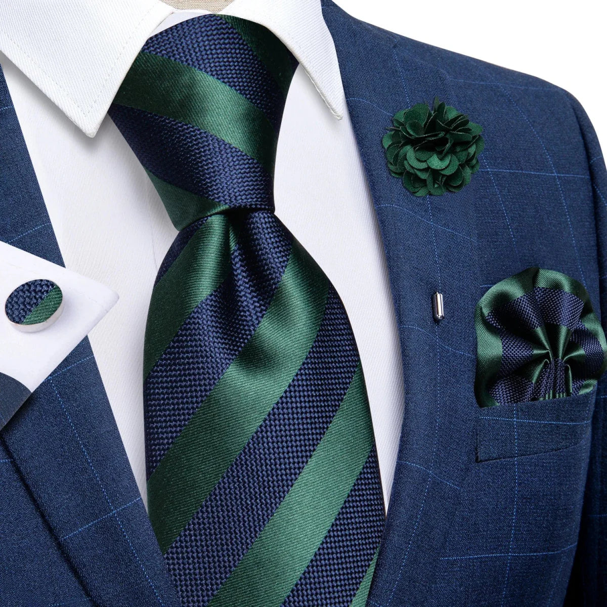 Yellow plaid silk tie set for men with cufflinks, brooch pin, and handkerchief, ideal for weddings and formal occasions.