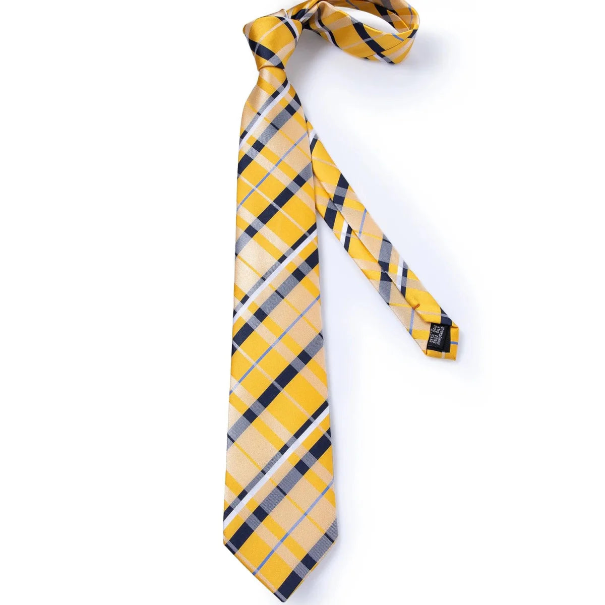 Yellow plaid silk tie set for men featuring cufflinks, brooch pin, and handkerchief, perfect for weddings and formal occasions.