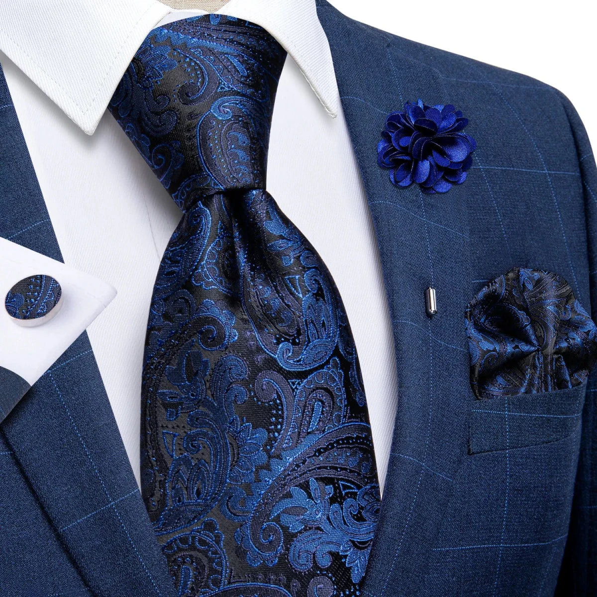 Yellow plaid silk tie set for men with cufflinks, pin, and handkerchief, perfect for weddings and formal occasions.