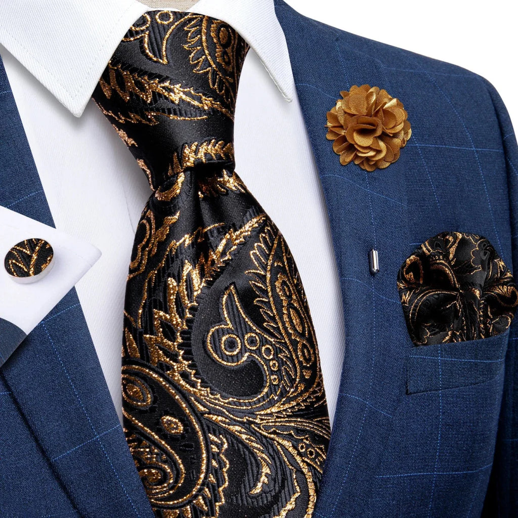 Yellow plaid silk tie set for men including cufflinks, pin, and handkerchief, ideal for wedding or formal occasions.