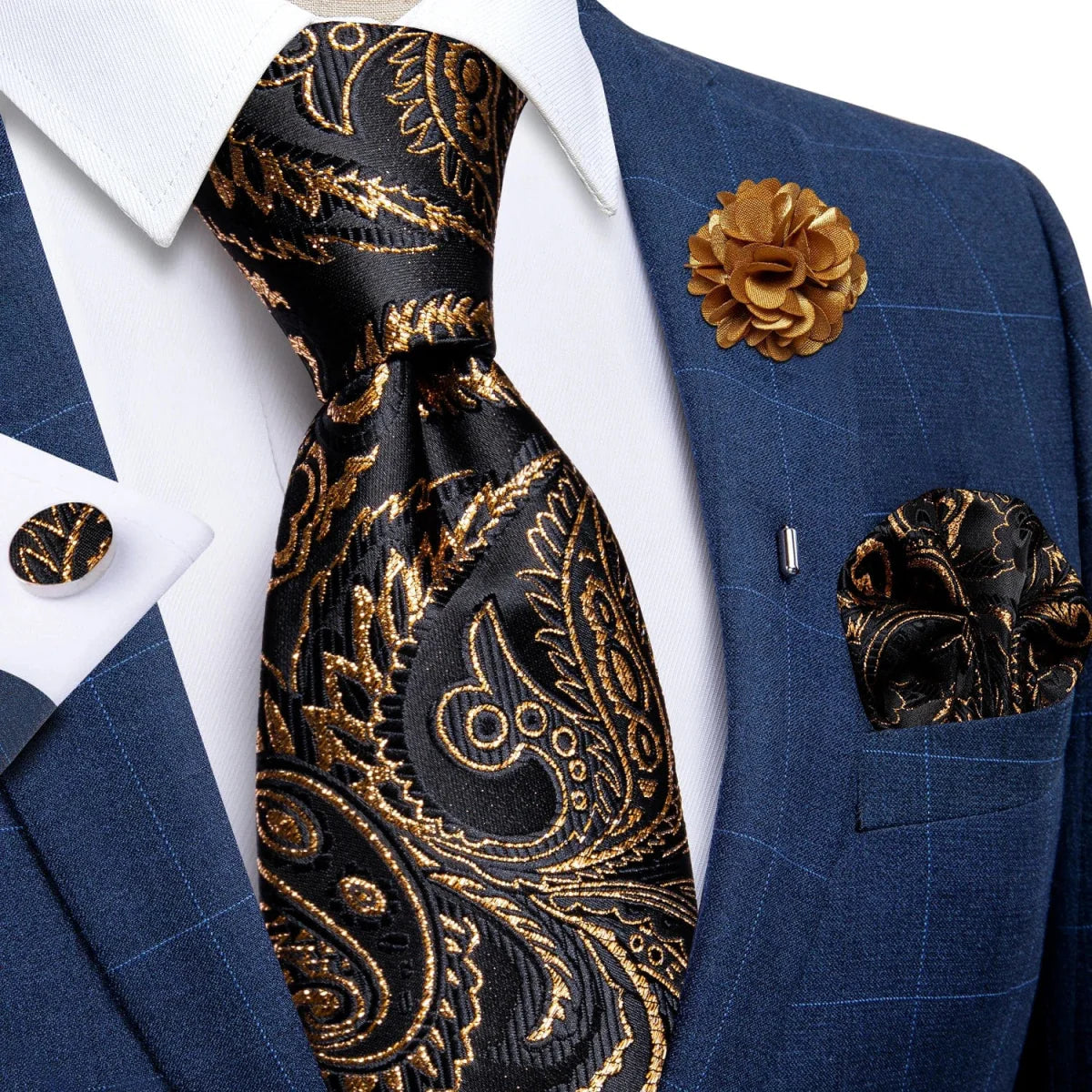Yellow plaid silk tie set for men including cufflinks, pin, and handkerchief, ideal for wedding or formal occasions.