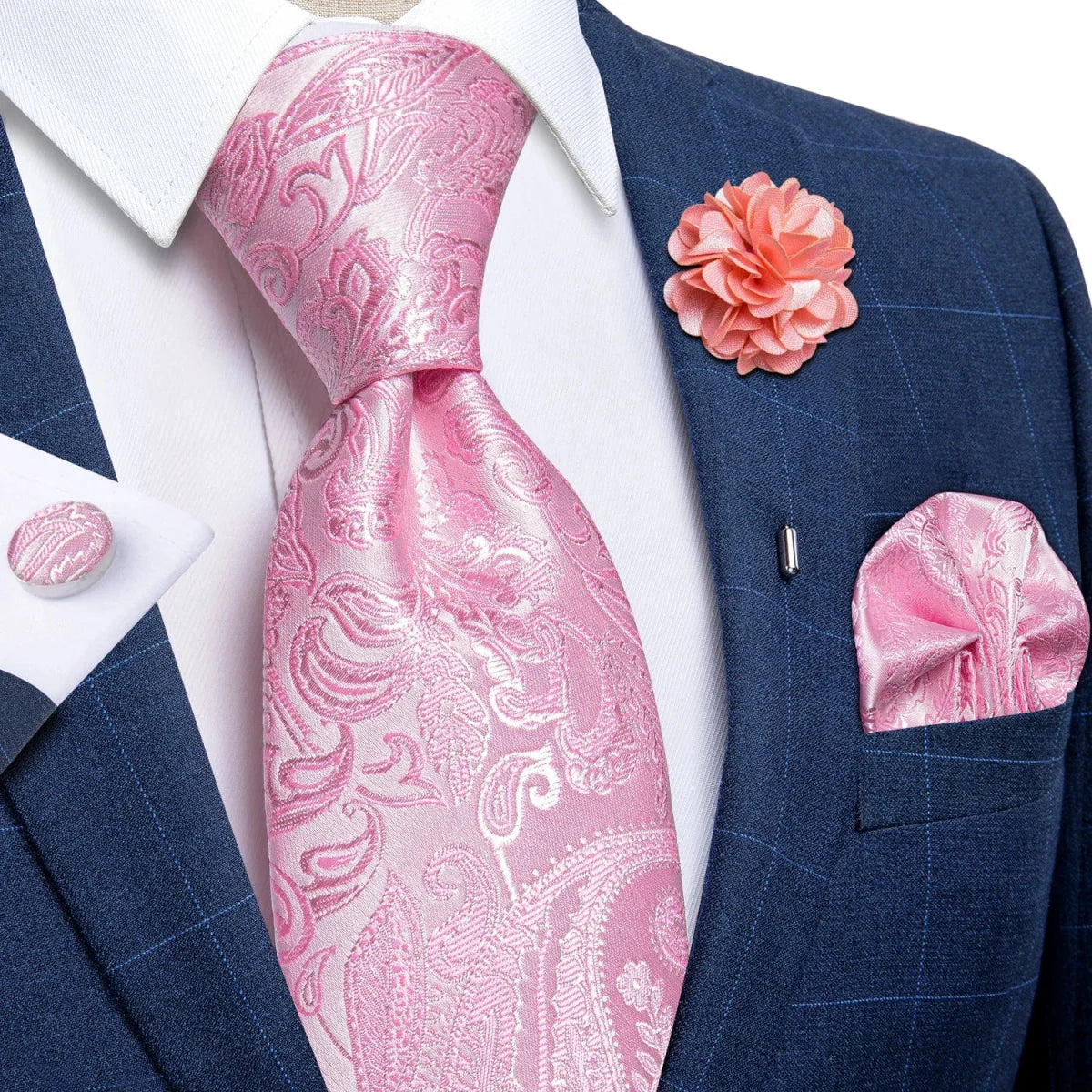 Yellow plaid silk tie set for men with cufflinks, pin, and handkerchief, ideal for weddings and formal occasions.