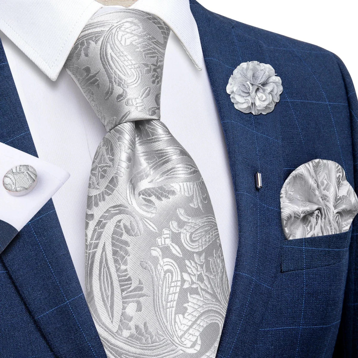 Yellow plaid silk tie set for men with cufflinks, pin, and handkerchief, ideal for weddings and formal occasions.