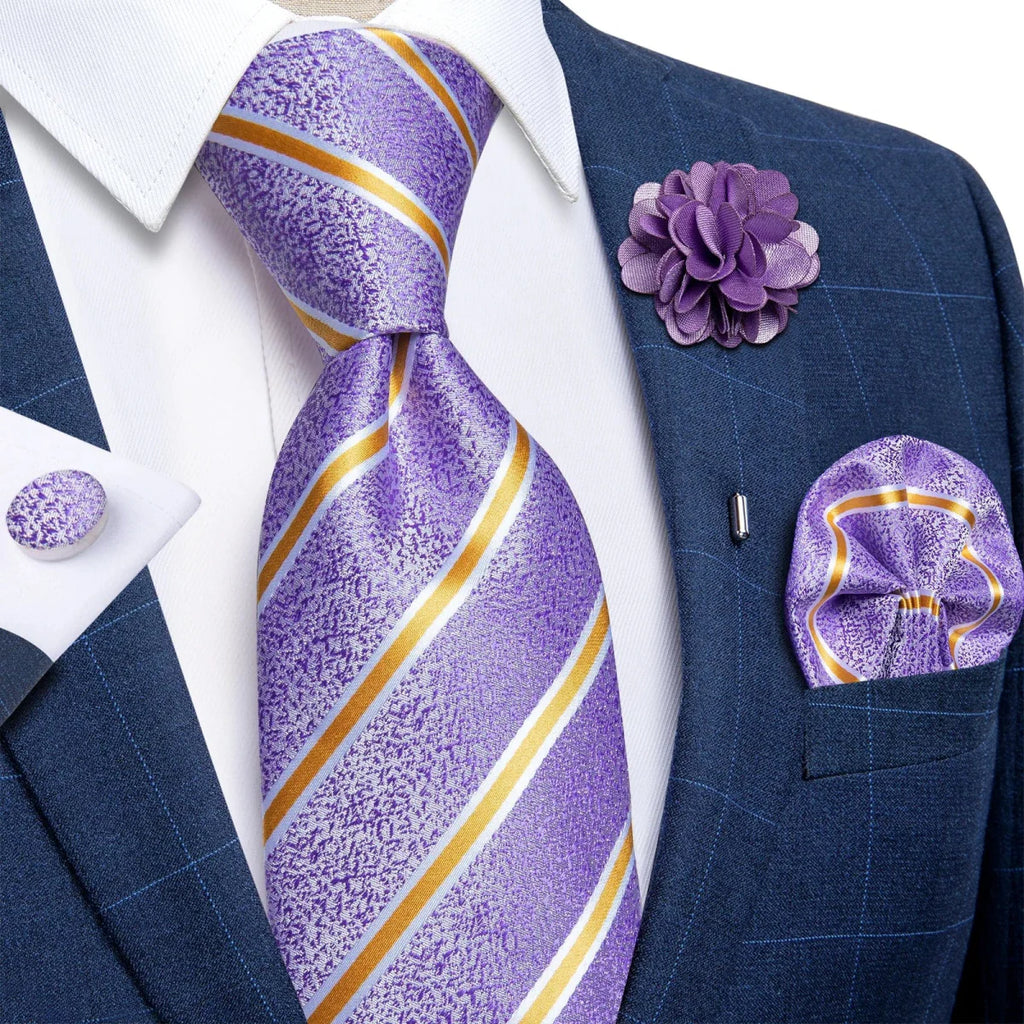 Yellow plaid silk tie set for men includes cufflinks and pin, featuring classic striped design and matching handkerchief for formal occasions.