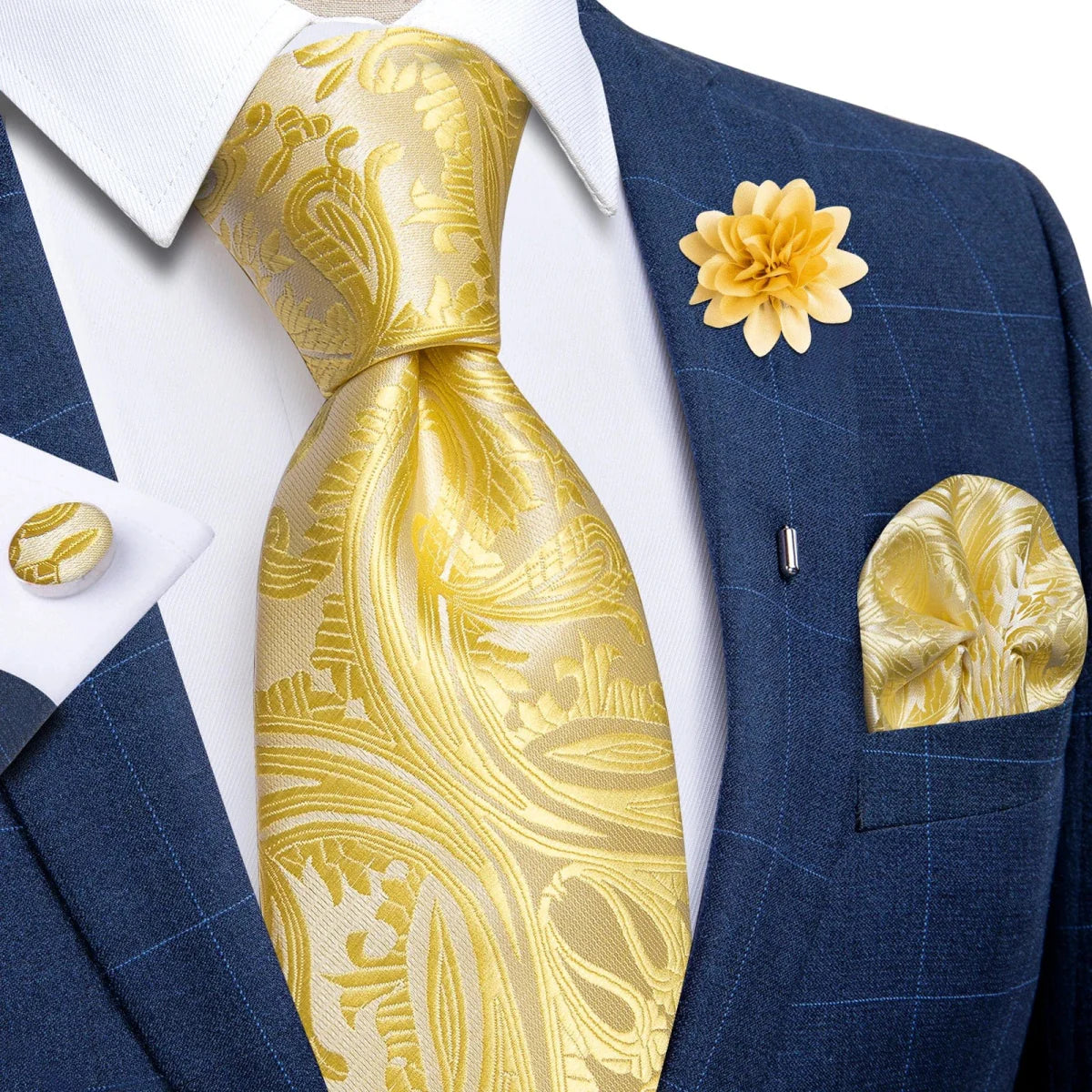 Yellow plaid silk tie set for men with cufflinks, pin, and handkerchief, perfect for weddings and formal occasions.