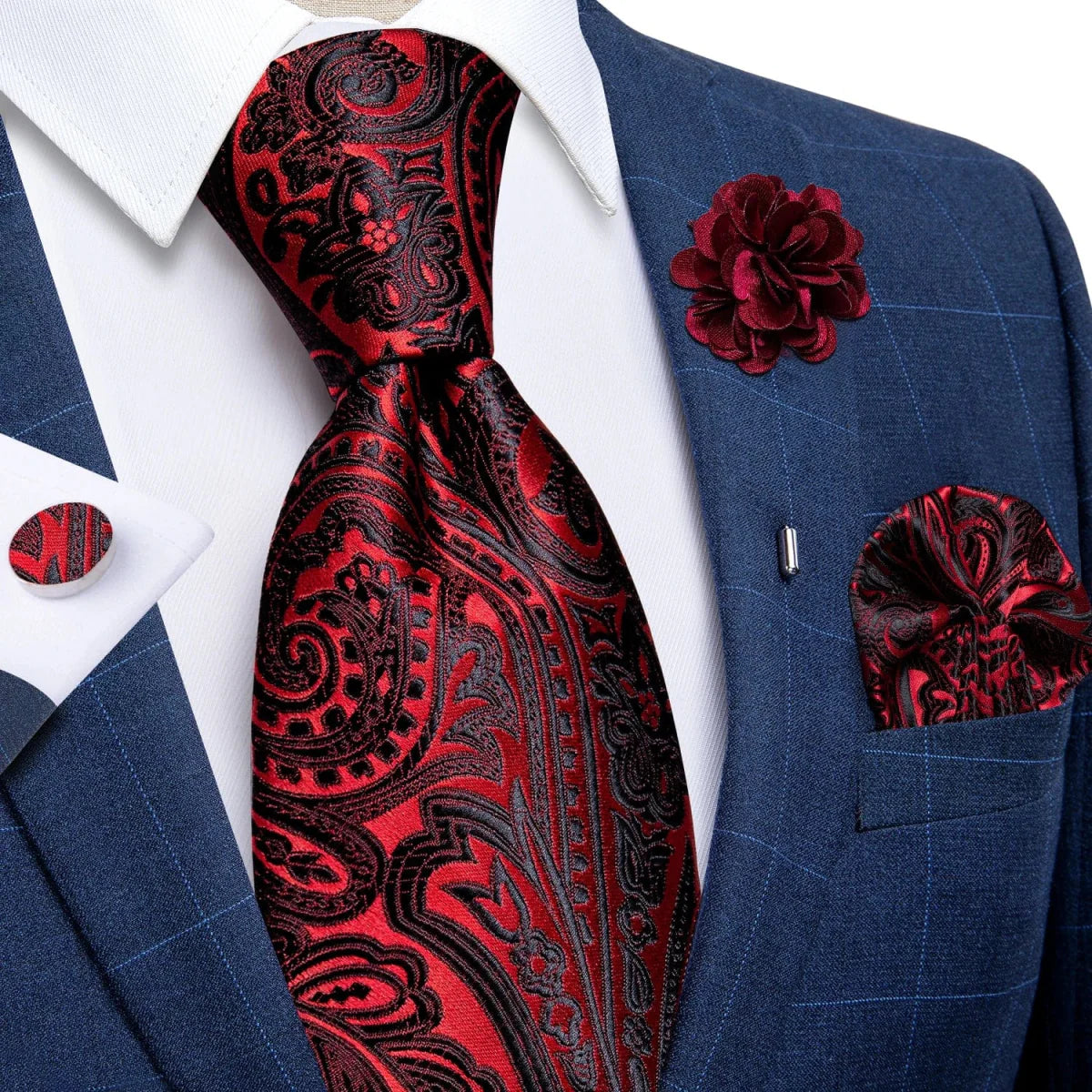 Yellow plaid silk tie set for men with cufflinks, pin, and handkerchief, perfect for weddings and formal occasions.