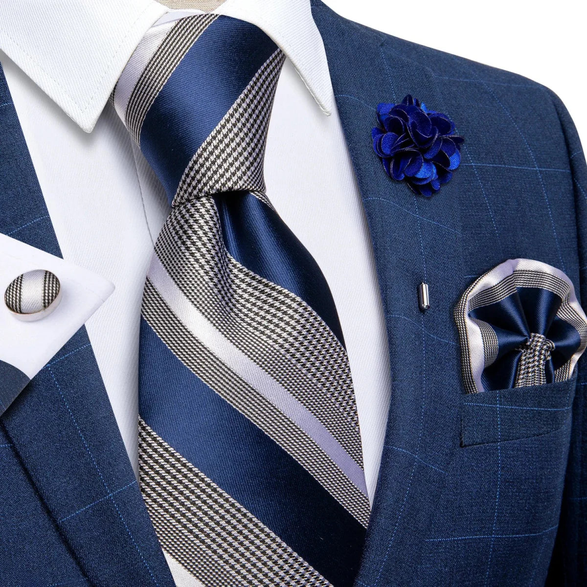 Yellow plaid silk tie set for men includes cufflinks, pin, and handkerchief, perfect for weddings and formal occasions.